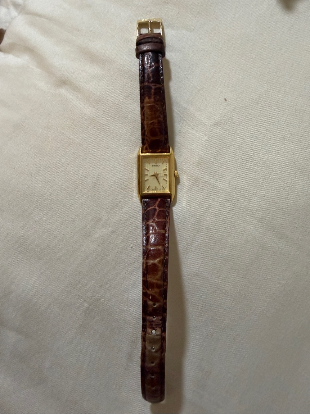 Seiko Gold-Tone Rectangular Watch with Brown Croc-Pattern Strap *Needs Battery*